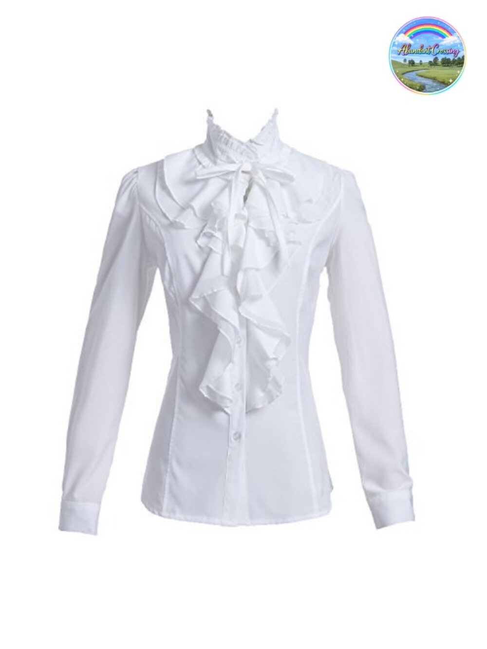 Women Lace Ruffle Neck Stand-Up Collar Victorian Bow Blouse Long Sleeve Office